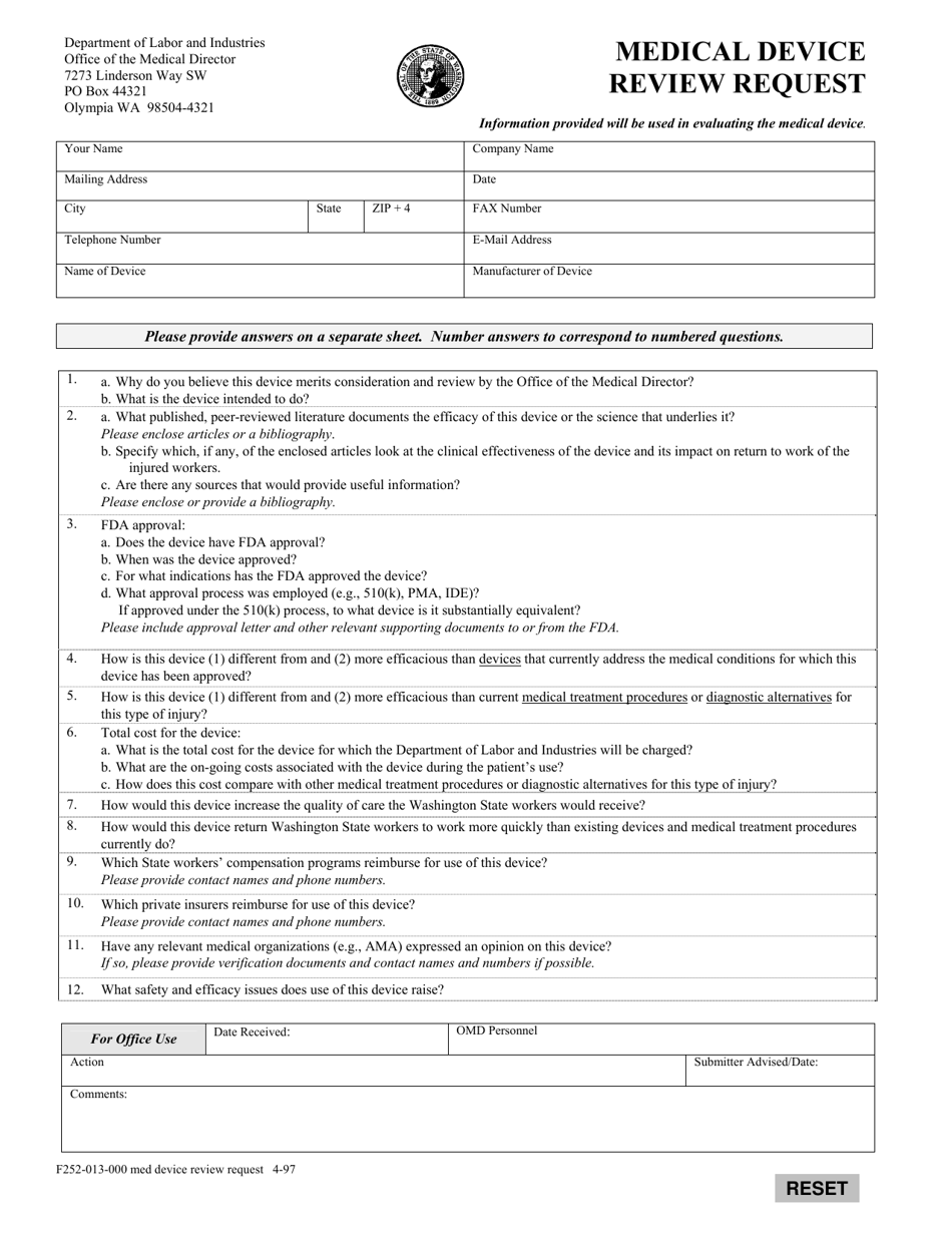 Form F252-013-000 Medical Device Review Request - Washington, Page 1