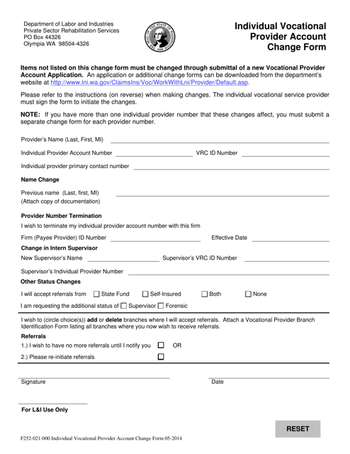 Form F252-021-000 Individual Vocational Provider Account Change Form - Washington