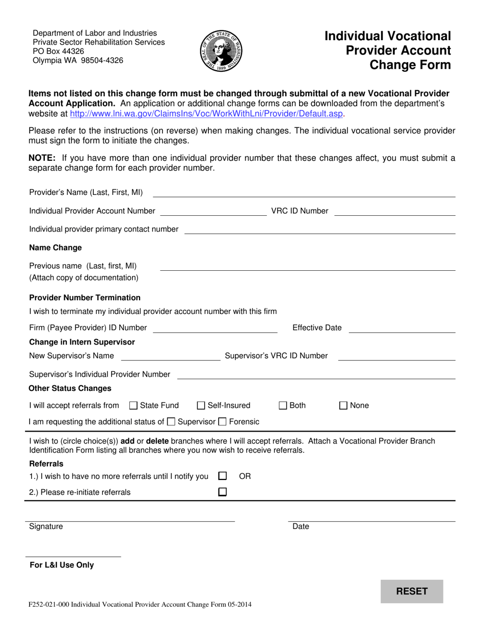 Form F252-021-000 Individual Vocational Provider Account Change Form - Washington, Page 1