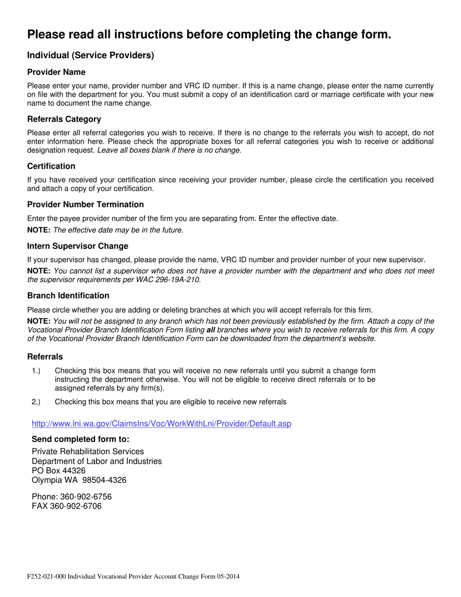 Form F252-021-000 Individual Vocational Provider Account Change Form - Washington, Page 3