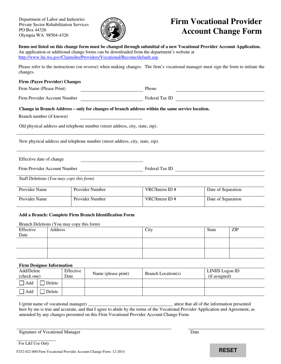 Form F252-022-000 Firm Vocational Provider Account Change Form - Washington, Page 1
