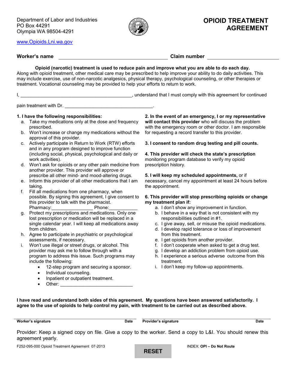 Form F252-095-000 Opioid Treatment Agreement - Washington, Page 1