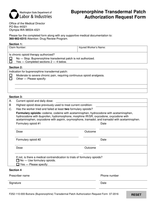 Form F252-110-000 Buprenorphine Transdermal Patch Authorization Request Form - Washington