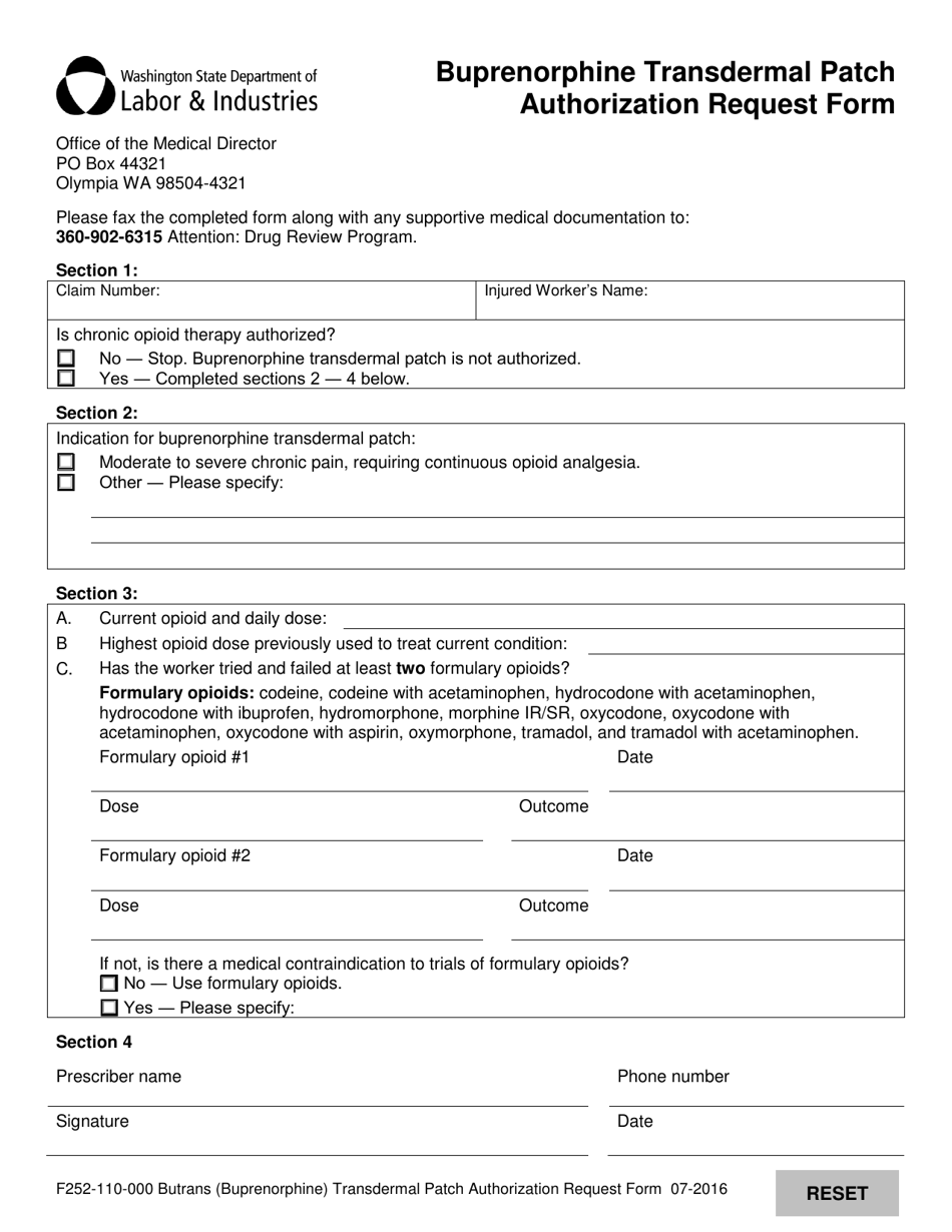 Form F252-110-000 Buprenorphine Transdermal Patch Authorization Request Form - Washington, Page 1