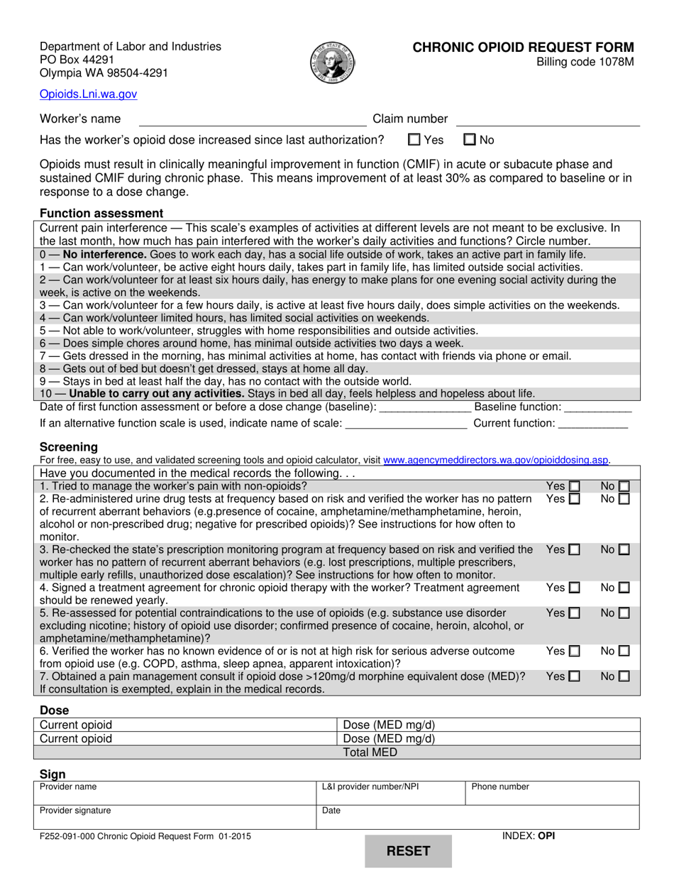 Form F252-091-000 Chronic Opioid Request Form - Washington, Page 1