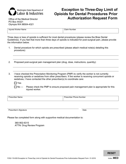 Form F252-118-000 Exception to Three-Day Limit of Opioids for Dental Procedures Prior Authorization Request Form - Washington