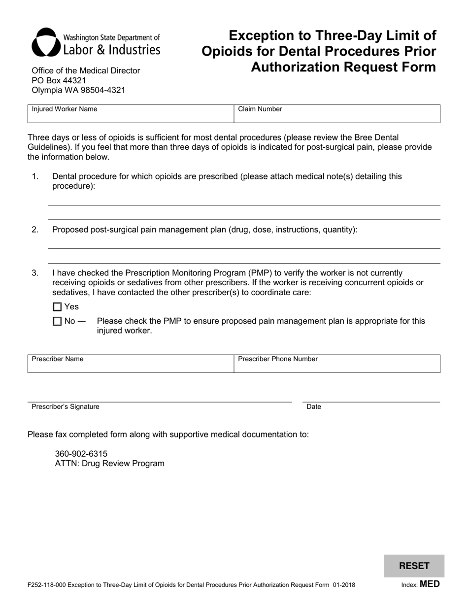 Form F252-118-000 Exception to Three-Day Limit of Opioids for Dental Procedures Prior Authorization Request Form - Washington, Page 1