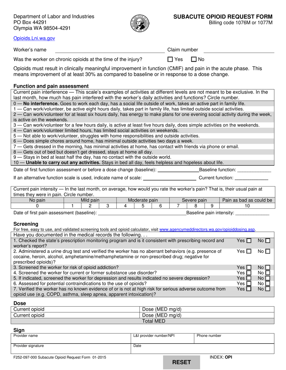 Form F252-097-000 Subacute Opioid Request Form - Washington, Page 1