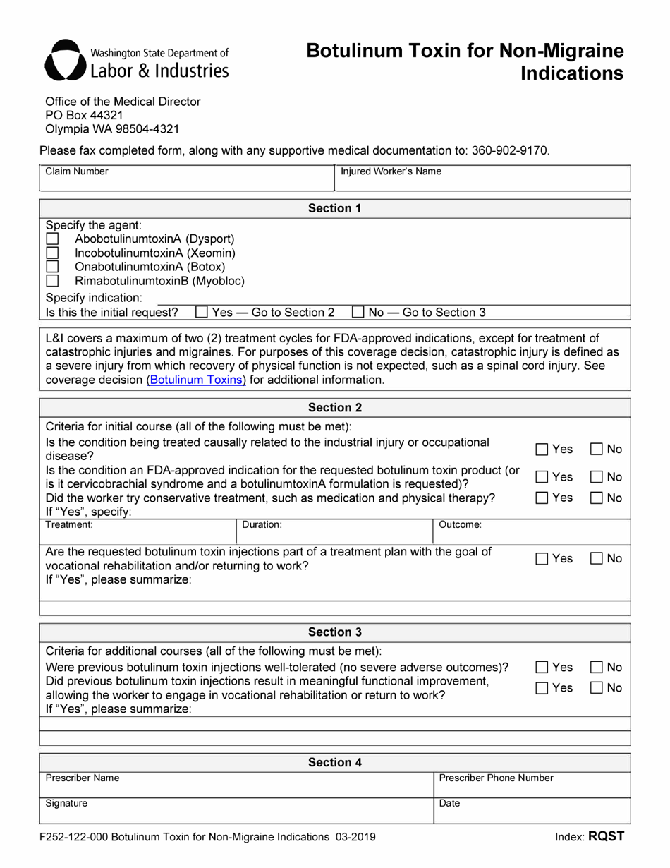 Form F252-122-000 Botulinum Toxin for Non-migraine Indications - Washington, Page 1