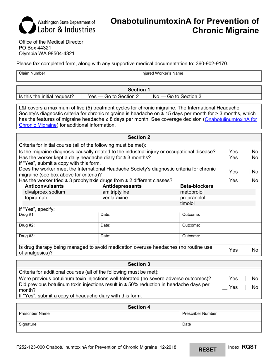 Form F252-123-000 Onabotulinumtoxina for Prevention of Chronic Migraine - Washington, Page 1