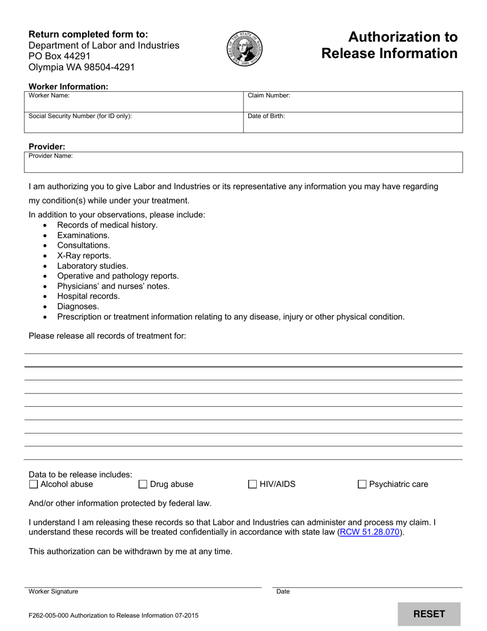 Form F262-005-000 Authorization to Release Information - Washington, Page 1