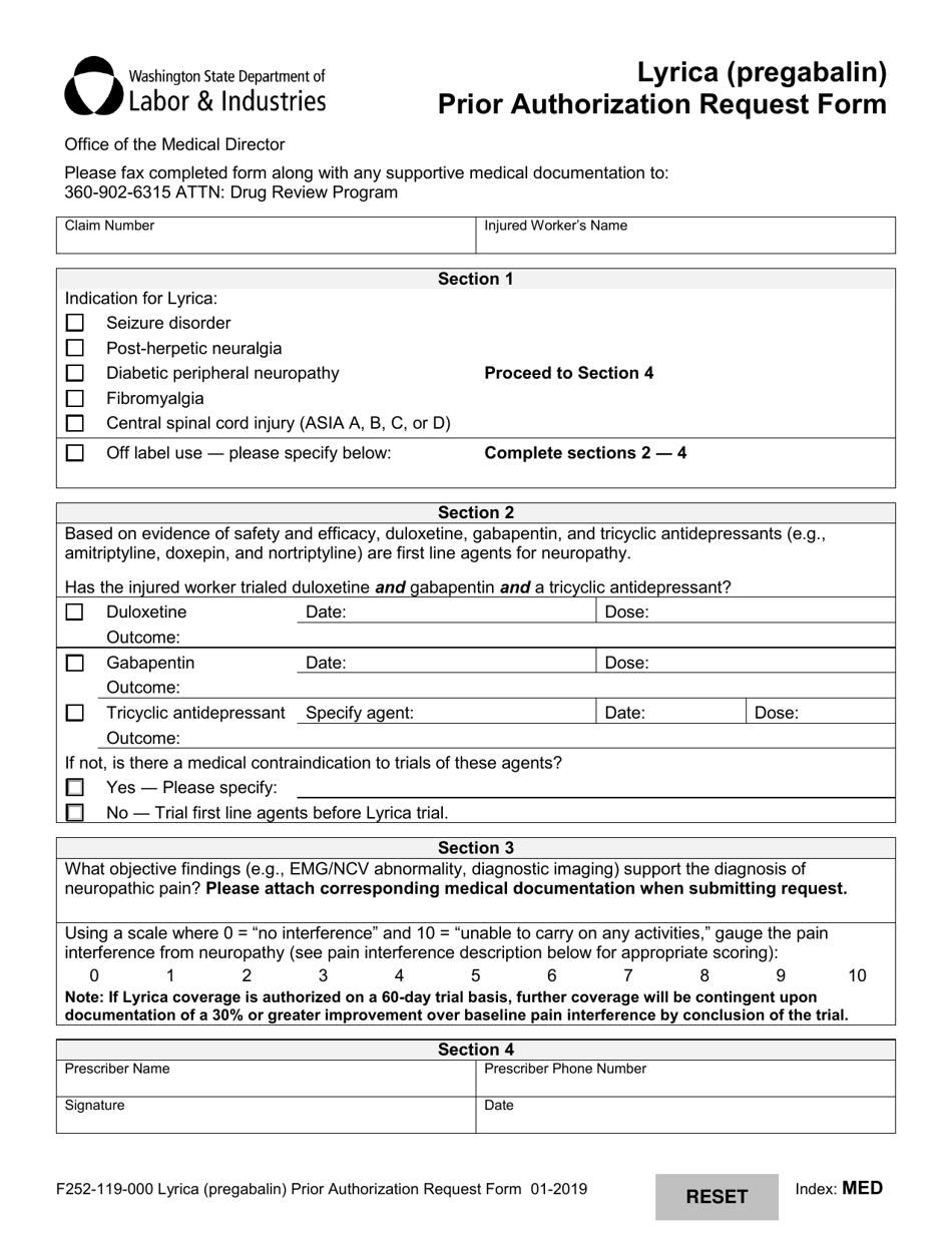 Form F252-119-000 Lyrica (Pregabalin) Prior Authorization Request Form - Washington, Page 1