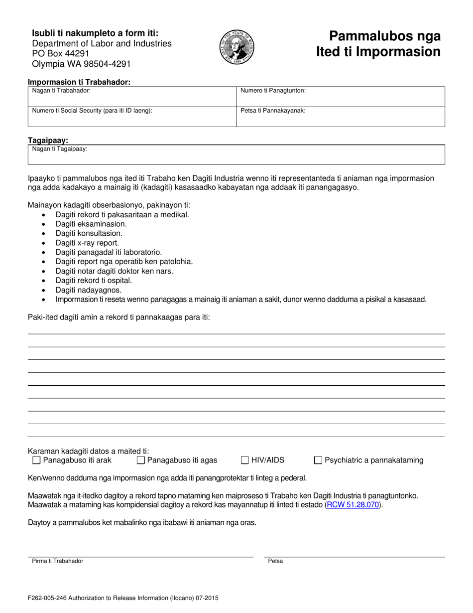 Form F262-005-246 Authorization to Release Information - Washington (Ilocano), Page 1