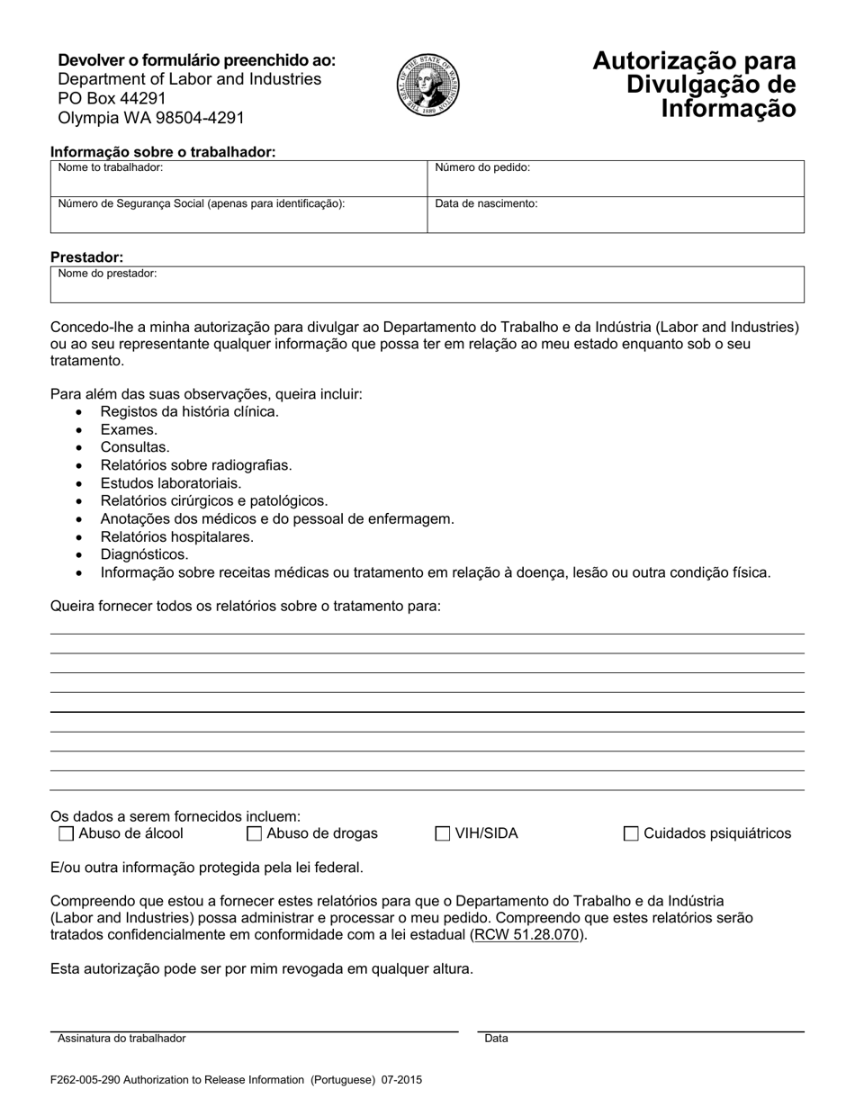 Form F262-005-290 Authorization to Release Information - Washington (Portuguese), Page 1