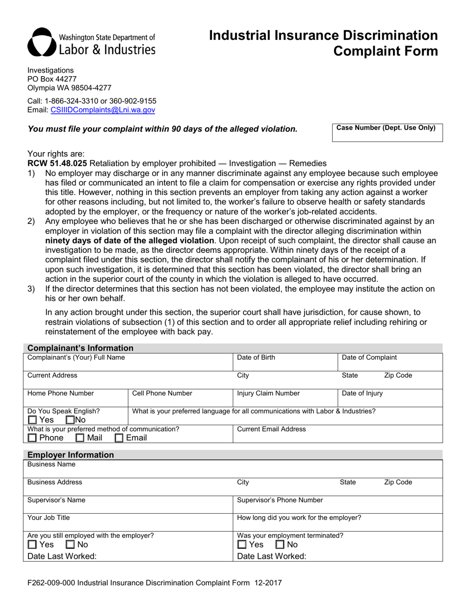 Form F262-009-000 Industrial Insurance Discrimination Complaint Form - Washington, Page 1