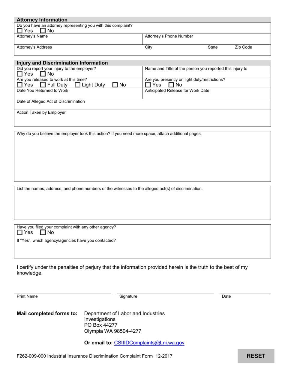 Form F262-009-000 Industrial Insurance Discrimination Complaint Form - Washington, Page 2