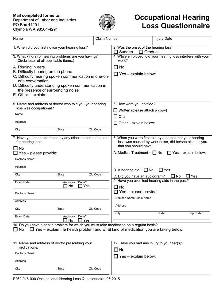 Form F262-016-000 Occupational Hearing Loss Questionnaire - Washington, Page 1