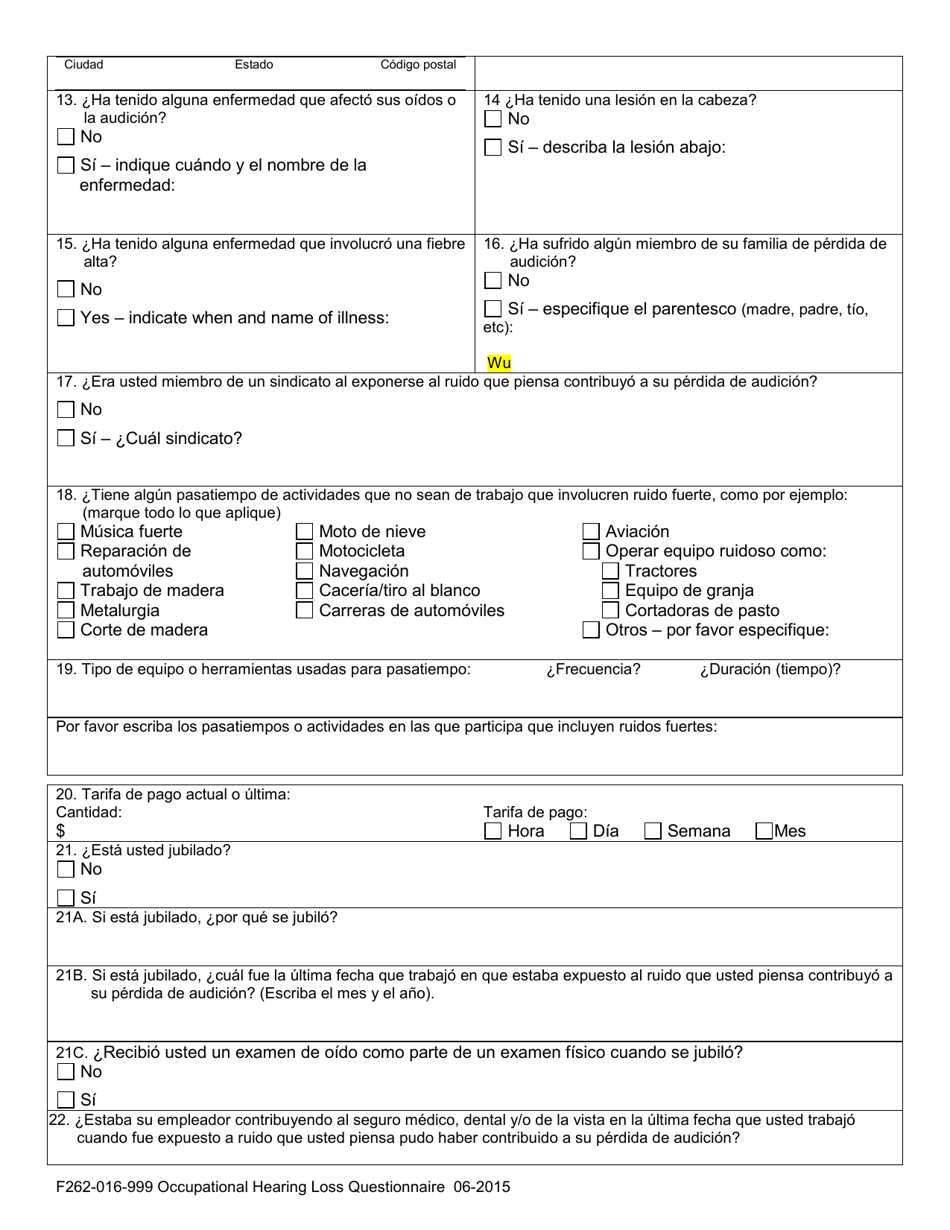 Formulario F262-016-999 Cuestionario Sobre La Perdida De Audicion Ocupacional - Washington (Spanish), Page 2