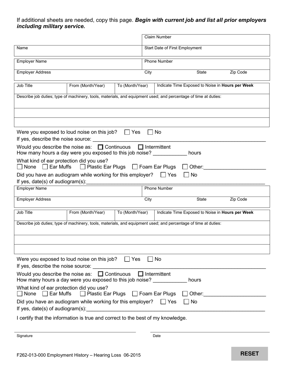 Form F262-013-000 Employment History  Hearing Loss - Washington, Page 2
