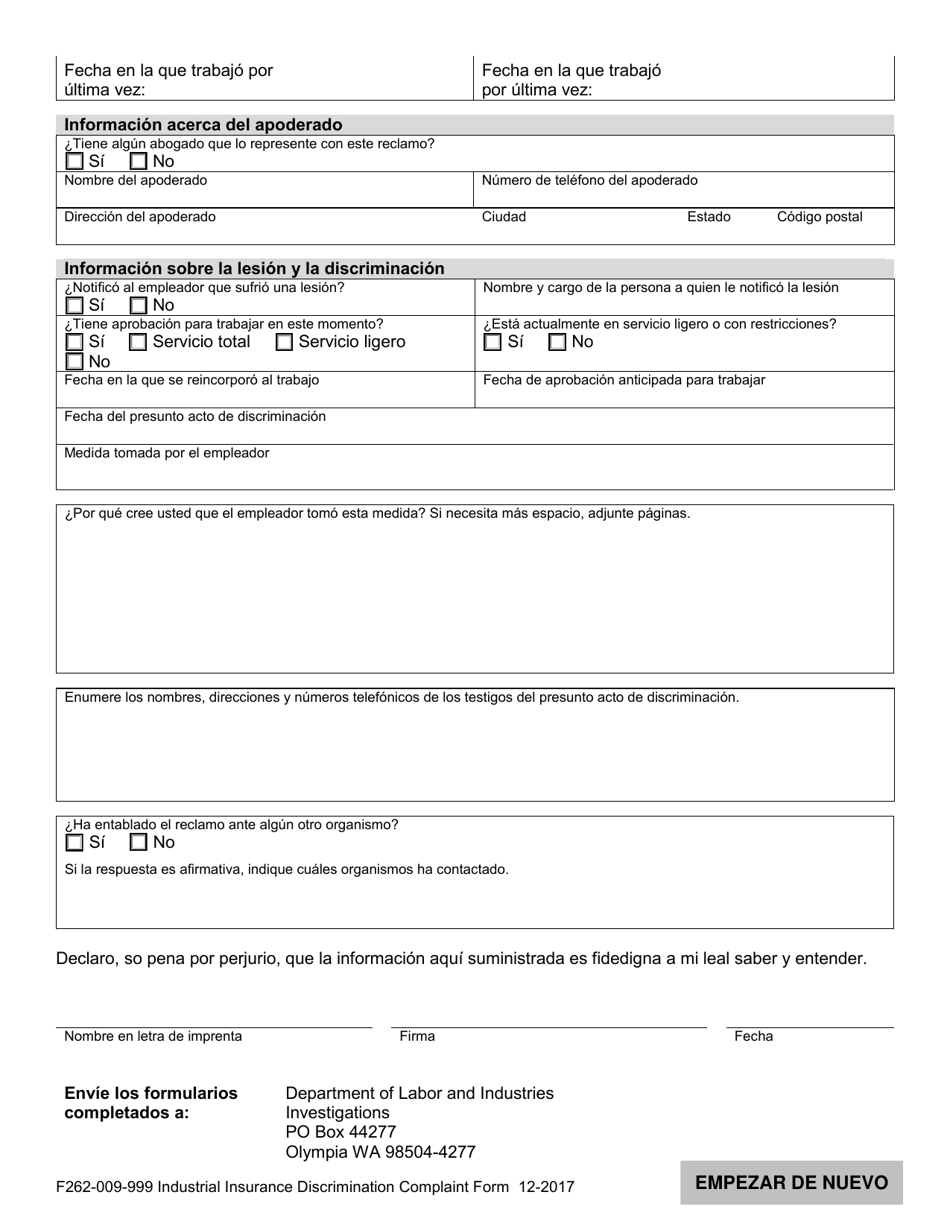 Formulario F262-009-999 Formulario De Reclamo Por Discriminacion De Seguro Industrial - Washington (Spanish), Page 2