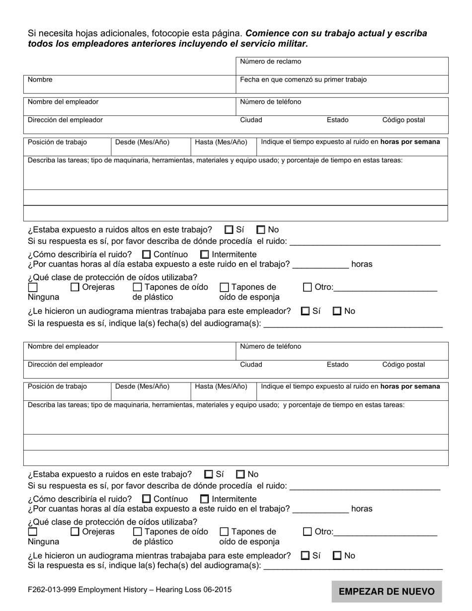 Formulario F262-013-999 Historial De Trabajo Perdida De Audicion - Washington (Spanish), Page 2