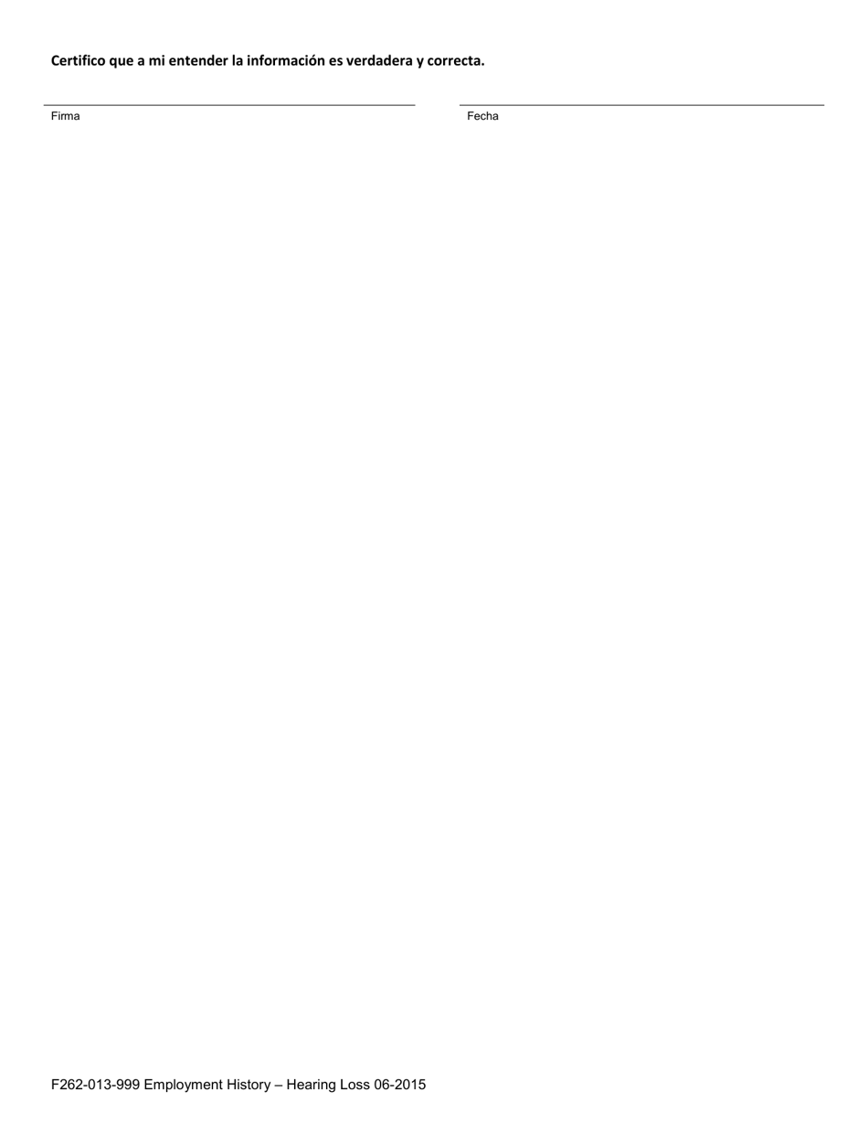 Formulario F262-013-999 Historial De Trabajo Perdida De Audicion - Washington (Spanish), Page 3