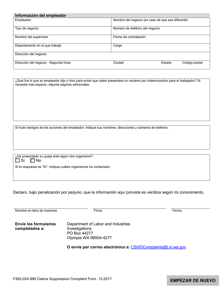 Formulario F262-024-999 Indemnizacion Para Trabajadores Formulario De Queja Por Supresion De Reclamos - Washington (Spanish), Page 2