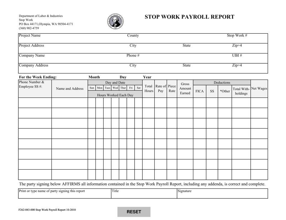 Form F262-043-000 Stop Work Payroll Report - Washington, Page 1