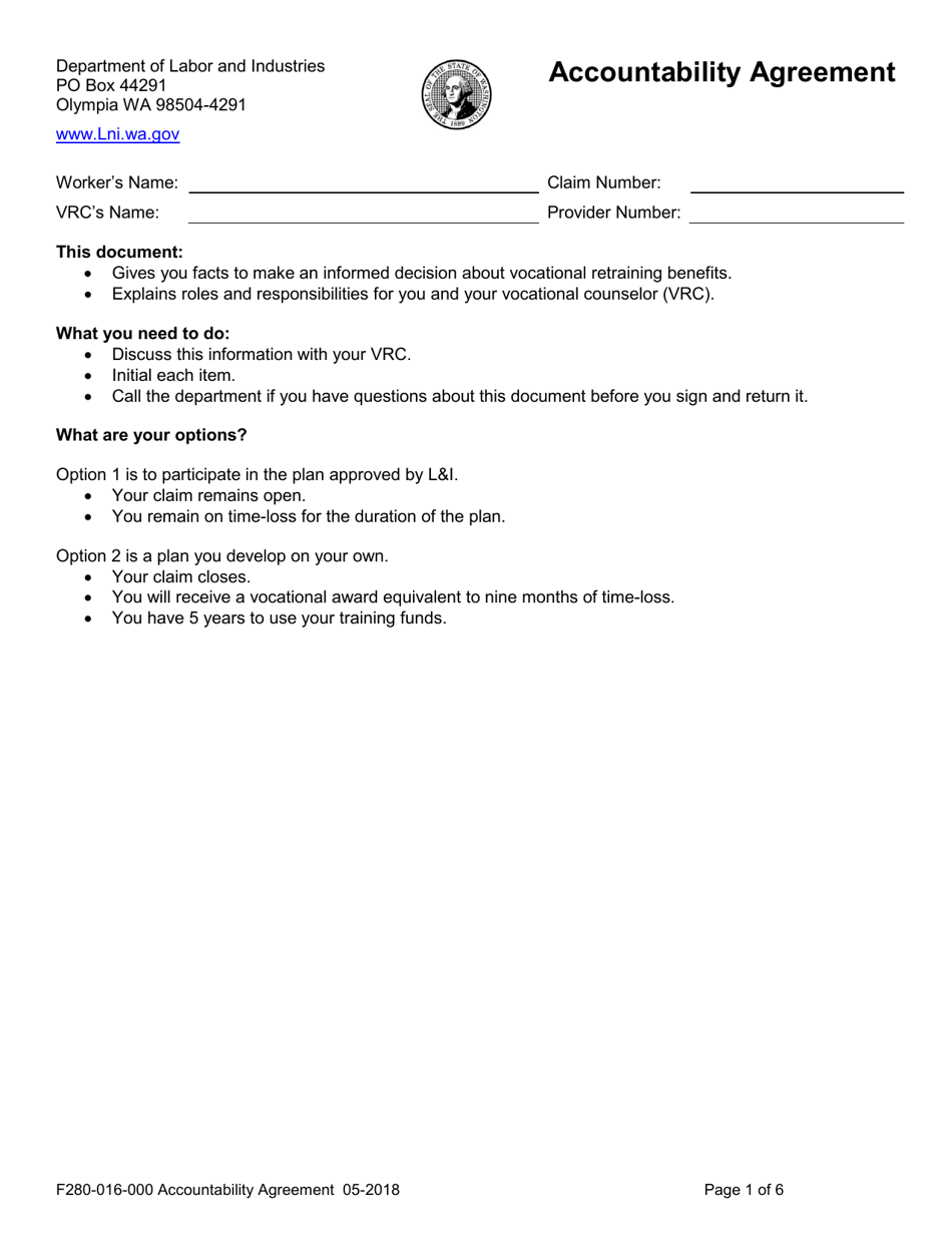 Form F280-016-000 Accountability Agreement - Washington, Page 1
