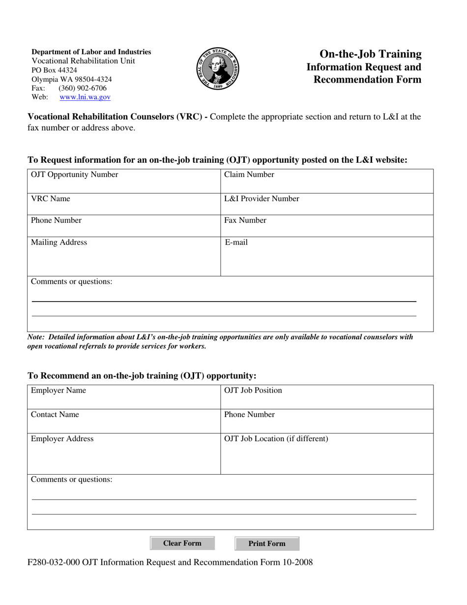 Form F280-032-000 On-The-Job Training Information Request and Recommendation Form - Washington, Page 1
