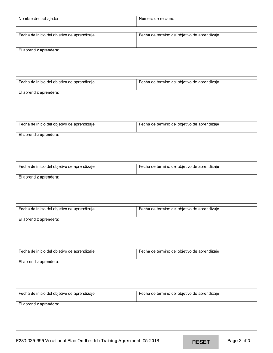 Formulario F280-039-999 Acuerdo De Capacitacion En El Trabajo Del Plan Vocacional - Washington (Spanish), Page 3