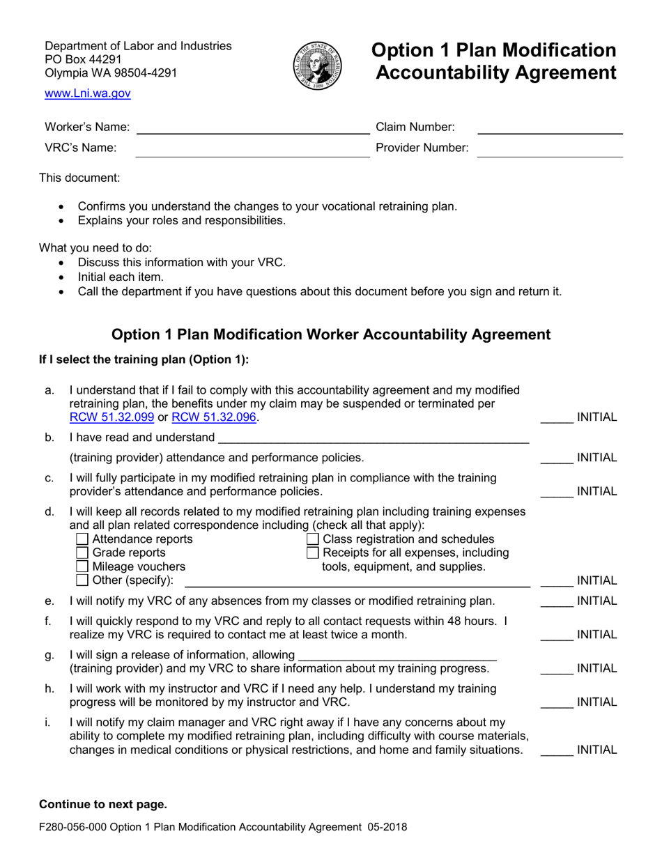 Form F280-056-000 Option 1 Plan Modification Accountability Agreement - Washington, Page 1