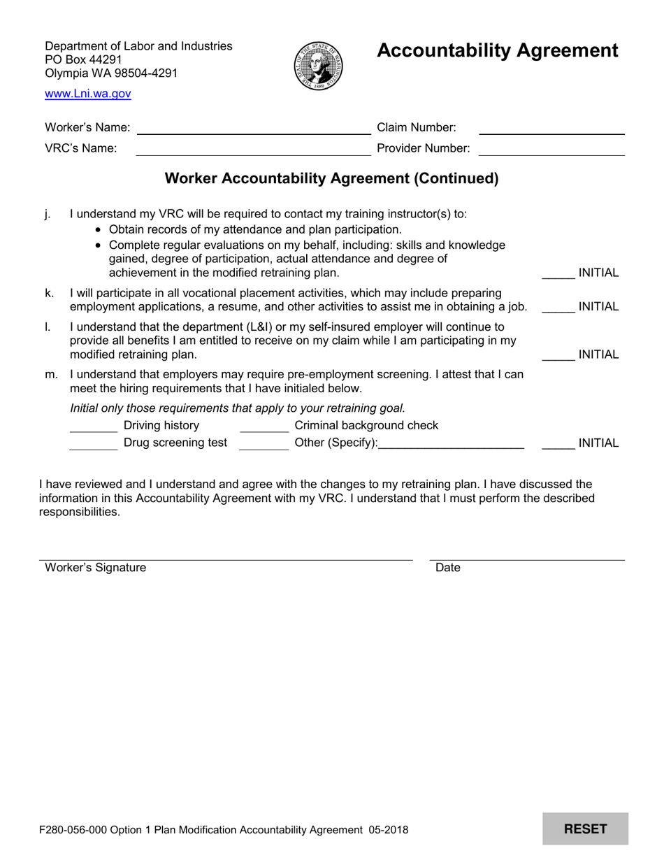Form F280-056-000 Option 1 Plan Modification Accountability Agreement - Washington, Page 2