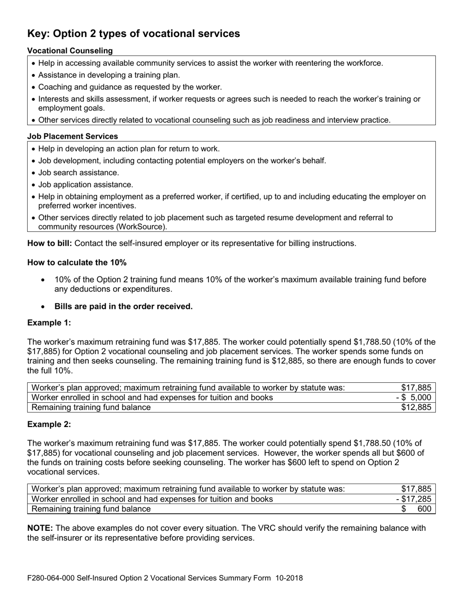 Form F280-064-000 Self-insurance Option 2 Vocational Services Summary - Washington, Page 2