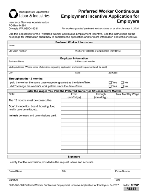Form F280-065-000 Preferred Worker Continuous Employment Incentive Application for Employers - Washington