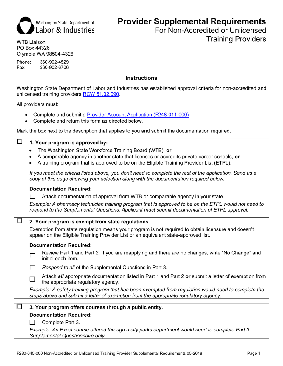 Form F280-045-000 Provider Supplemental Requirements for Non-accredited or Unlicensed Training Providers - Washington, Page 1
