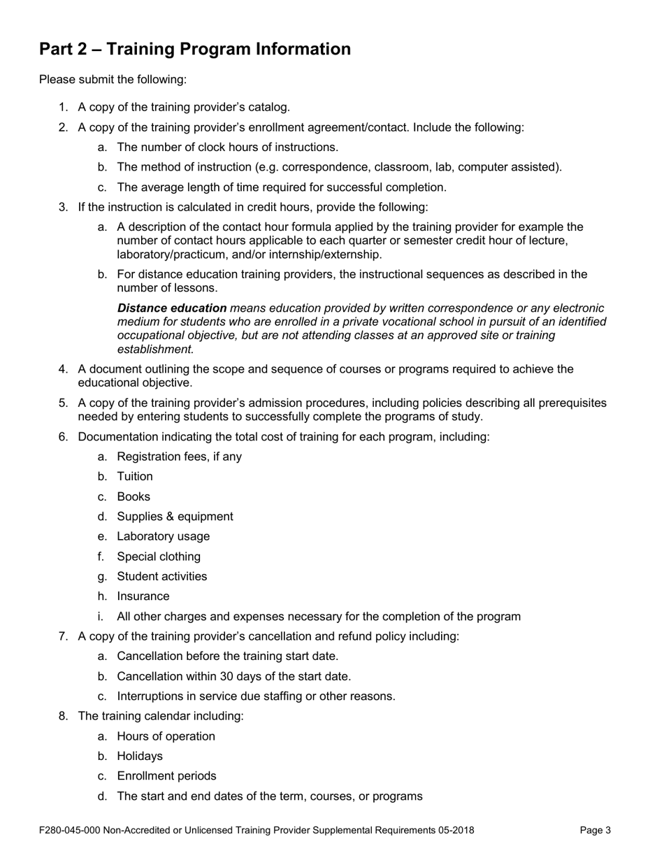 Form F280-045-000 Provider Supplemental Requirements for Non-accredited or Unlicensed Training Providers - Washington, Page 3