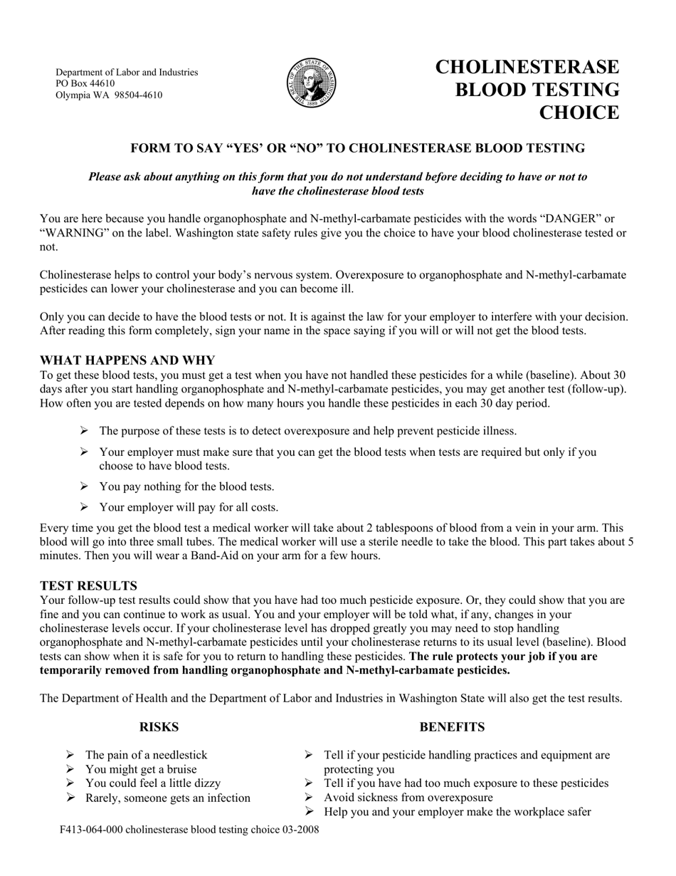 Form F413-064-000 Cholinesterase Blood Testing Choice - Washington, Page 1