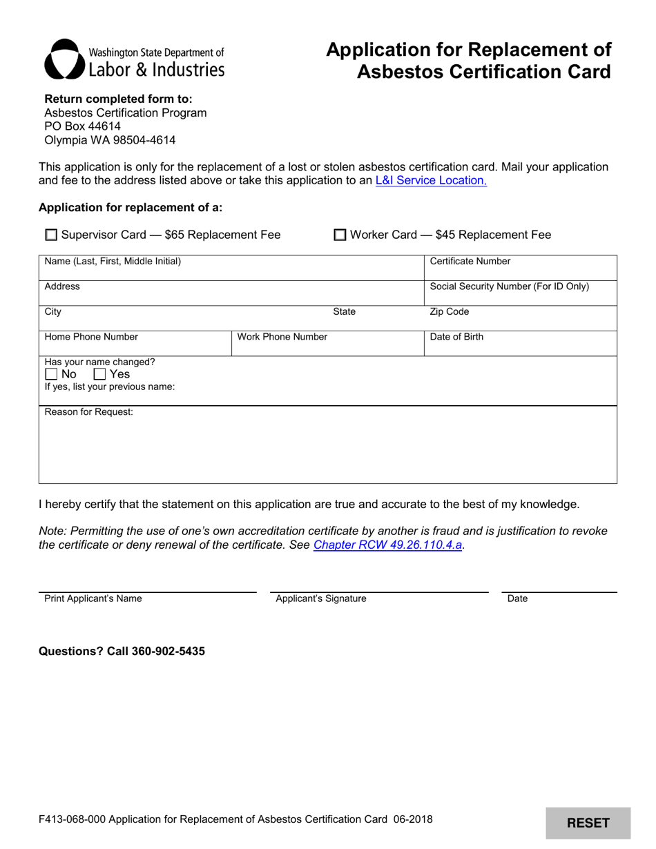 Form F413-068-000 Application for Replacement of Asbestos Certification Card - Washington, Page 1