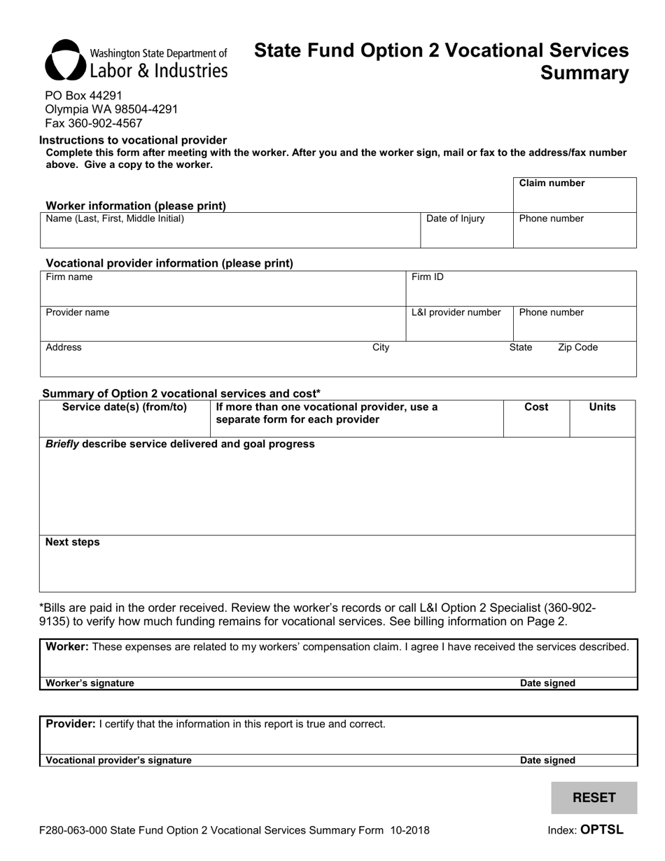 Form F280-063-000 State Fund Option 2 Vocational Services Summary - Washington, Page 1