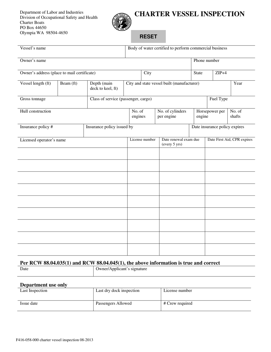Form F416-058-000 Charter Vessel Inspection - Washington, Page 1