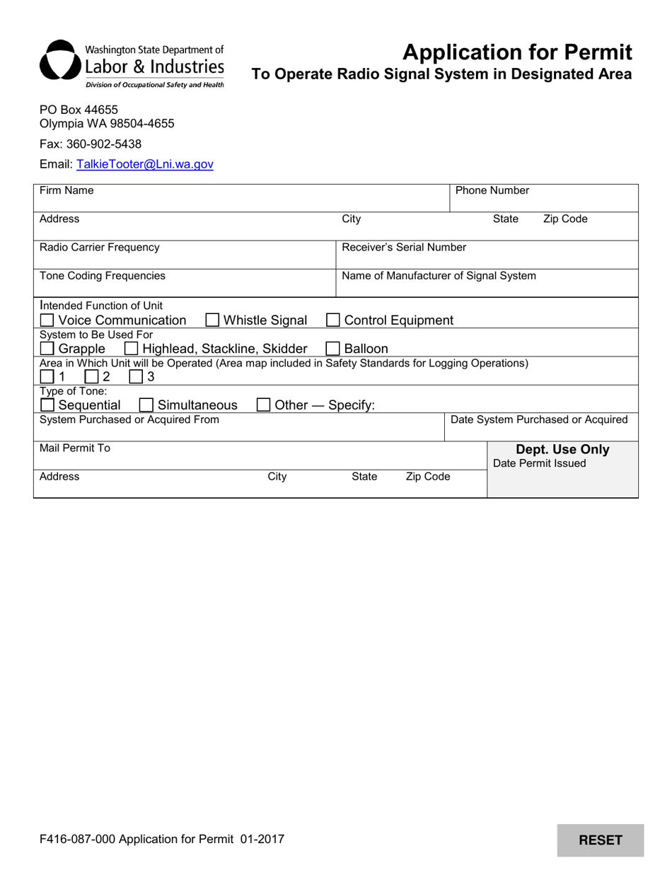 Form F416-087-000 Application for Permit to Operate Radio Signal System in Designated Area - Washington, Page 1