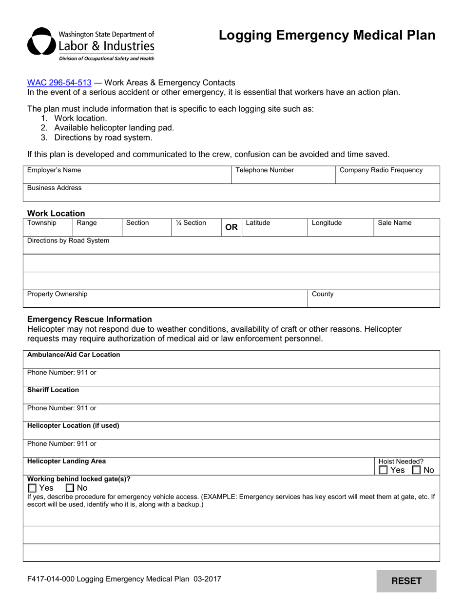 Form F417-014-000 Logging Emergency Medical Plan - Washington, Page 1