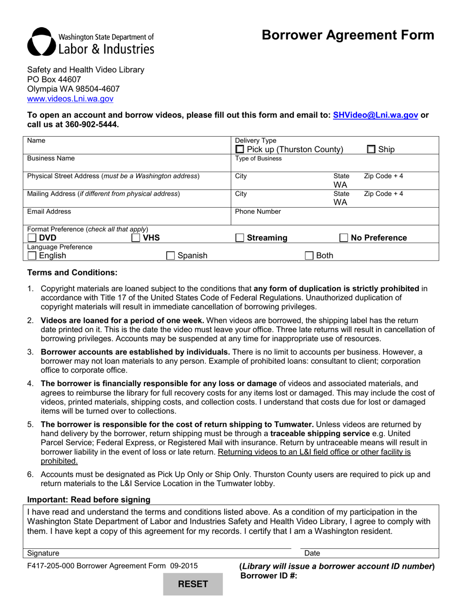 Form F417-205-000 Borrower Agreement Form - Washington, Page 1
