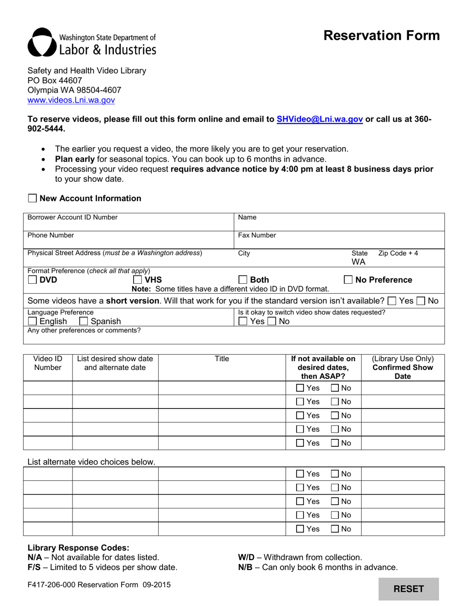 Form F417-206-000 Reservation Form - Washington, Page 1