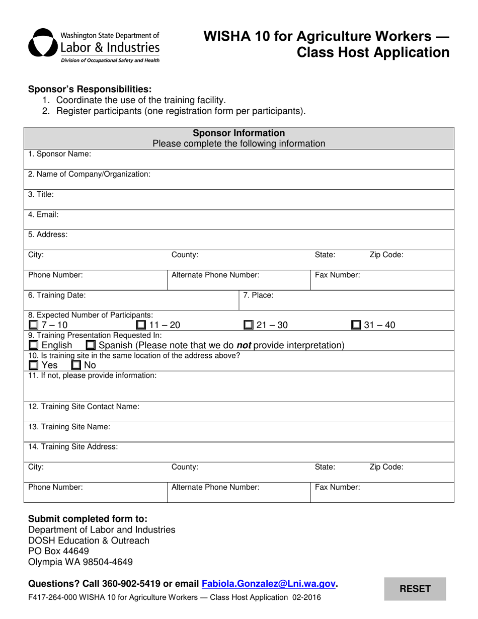 Form F417-264-000 Wisha 10 for Agriculture Workers - Class Host Application - Washington, Page 2