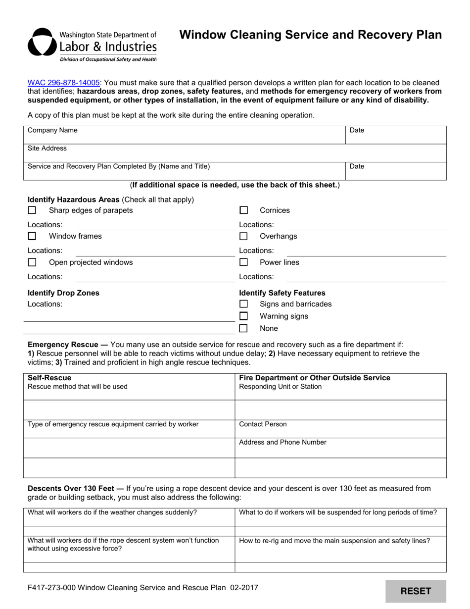 Form F417-273-000 Window Cleaning Service and Recovery Plan - Washington, Page 1