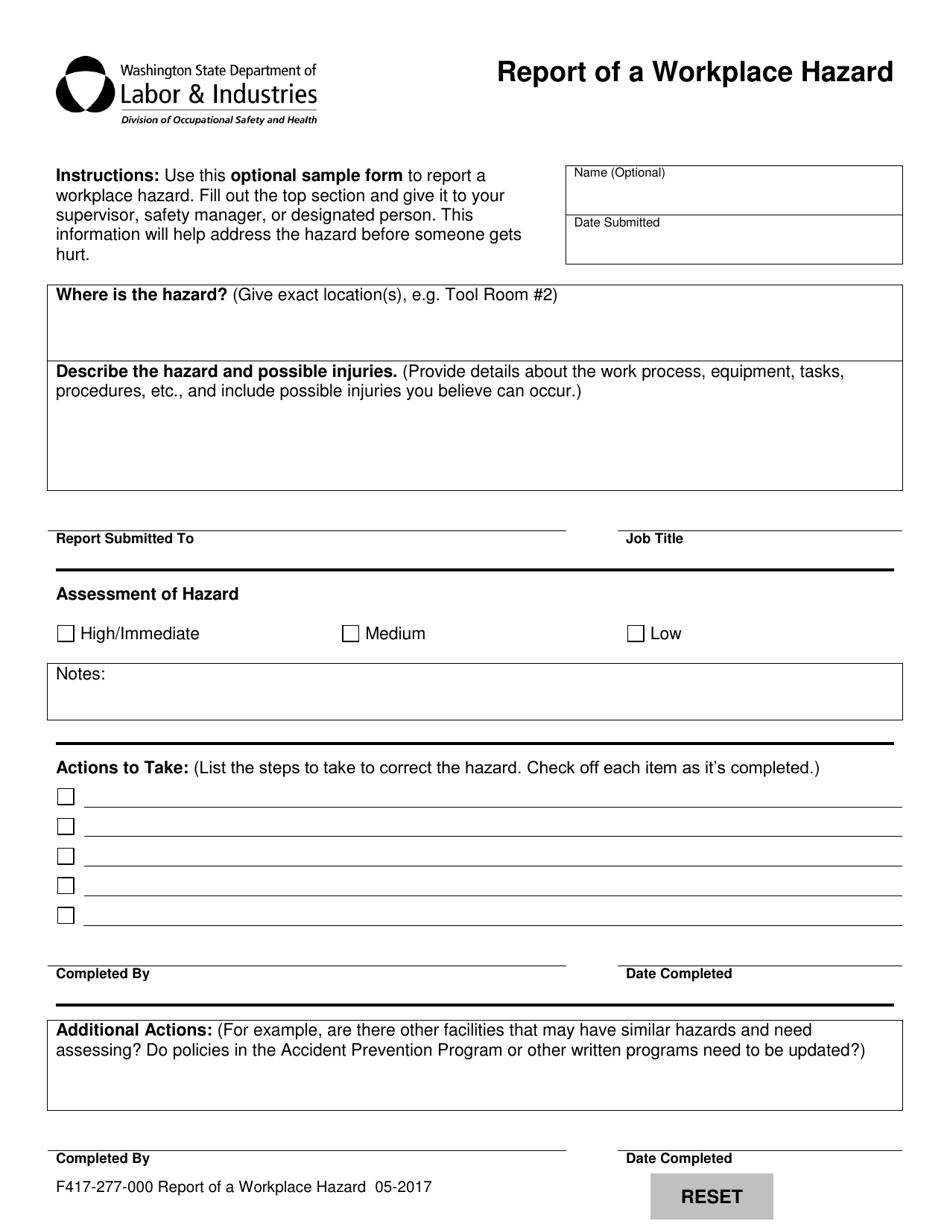 Form F417-277-000 Report of a Workplace Hazard - Washington, Page 1