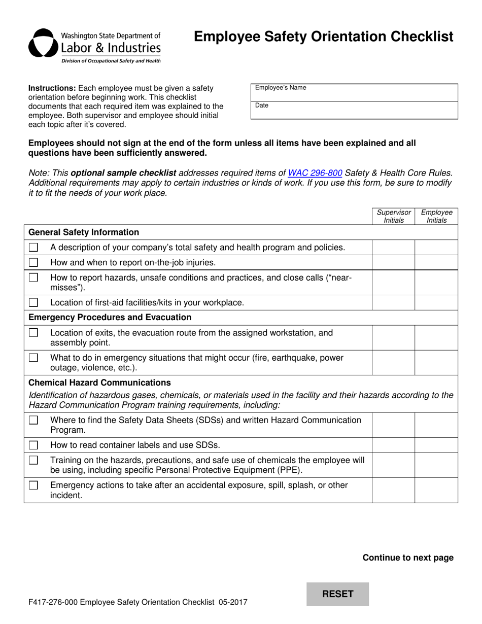 Form F417-276-000 Employee Safety Orientation Checklist - Washington, Page 1