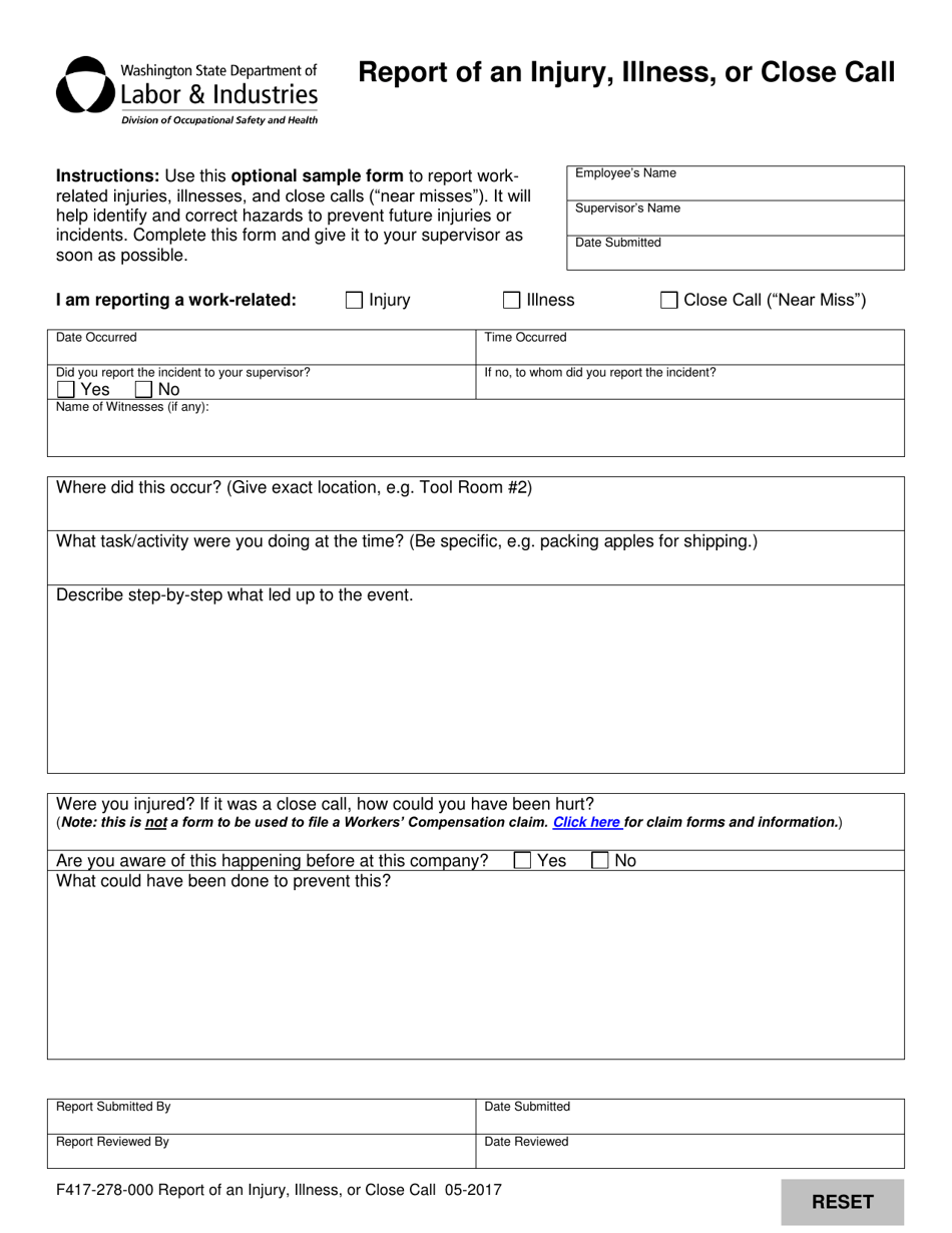 Form F417-278-000 Report of an Injury, Illness, or Close Call - Washington, Page 1